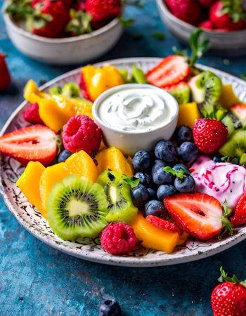 Fresh fruit platter with yogurt dip on a blue backgroundの素材