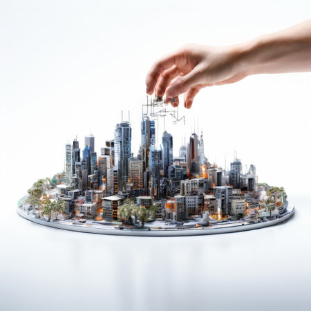 Hand assembling a miniature futuristic cityscape modelの素材