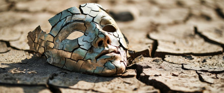 Cracked mask lying on arid, cracked earth surfaceの素材