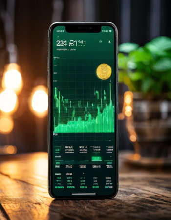Smartphone displaying cryptocurrency trading app with Bitcoinの素材