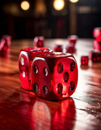Red translucent dice on a wooden surface in dramatic lightingの素材