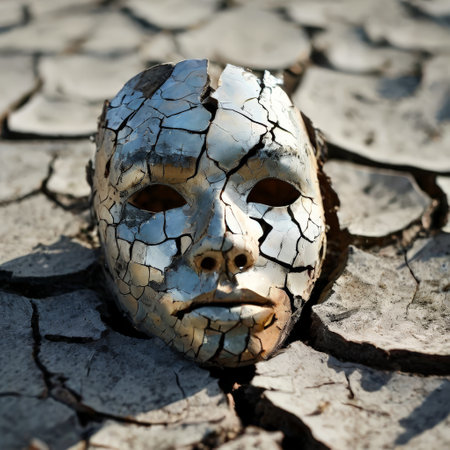 Cracked metallic mask on dry, cracked earthの素材
