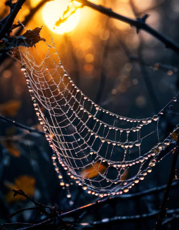 Spider web with dew drops at sunrise in natureの素材