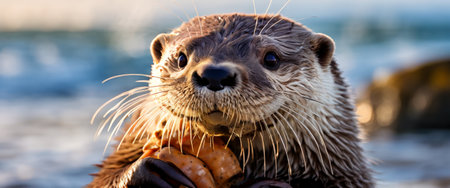 Close-up of an otter holding a sea creature by the oceanの素材