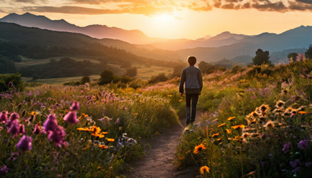 Man walking through blooming meadow at sunsetの素材