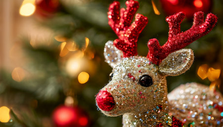 Glittery reindeer ornament in front of Christmas treeの素材