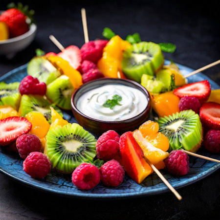 Fresh fruit platter with yogurt dipの素材