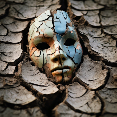 Cracked ceramic mask embedded in dry, cracked earthの素材
