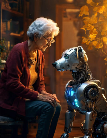 Elderly woman bonding with a robotic dog in a warm settingの素材
