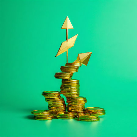 Stacked gold coins with ascending arrows on a green backgroundの素材