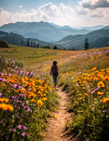 Woman walking through a wildflower field in the mountainsの素材