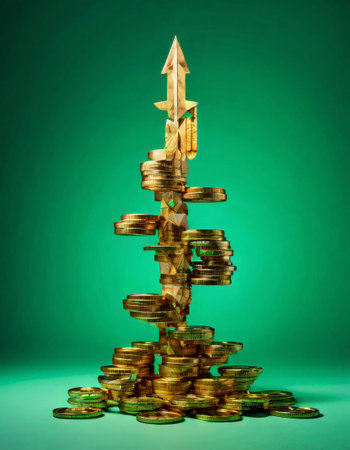 Gold coin stack with upward arrow against green backgroundの素材