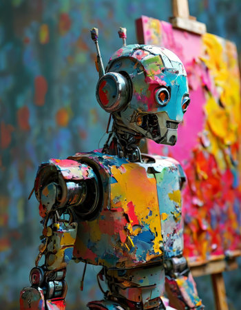 Colorful robot artist painting in a vibrant studioの素材