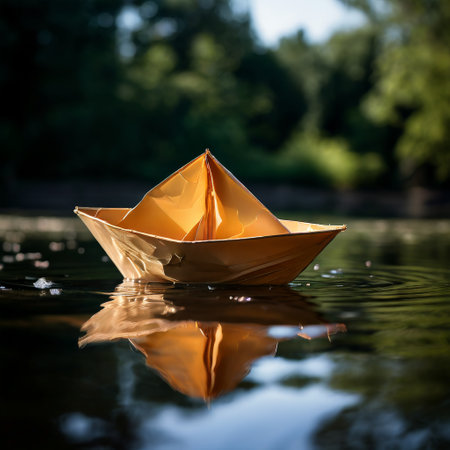 Paper boat floating peacefully on calm water, sunlight reflectionsの素材