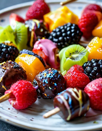 Assorted colorful fruit skewers with chocolate drizzlesの素材