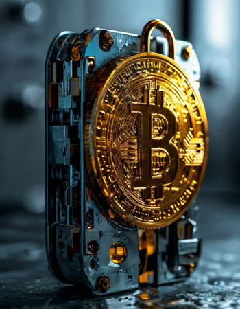 Golden Bitcoin locked within a mechanical deviceの素材