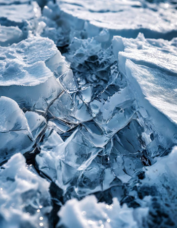 Close-up of cracked ice with sharp, intricate patternsの素材