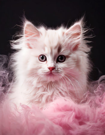 Fluffy white kitten surrounded by pink smoke on dark backgroundの素材
