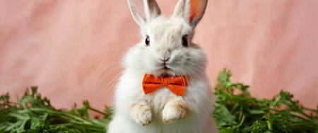 White rabbit wearing an orange bow tie with greenery backgroundの素材