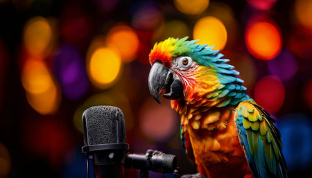 Vibrant parrot singing into microphone with colorful bokeh backgroundの素材