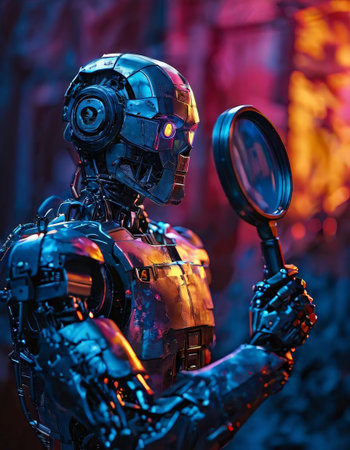 Detective robot examining clues with magnifying glassの素材