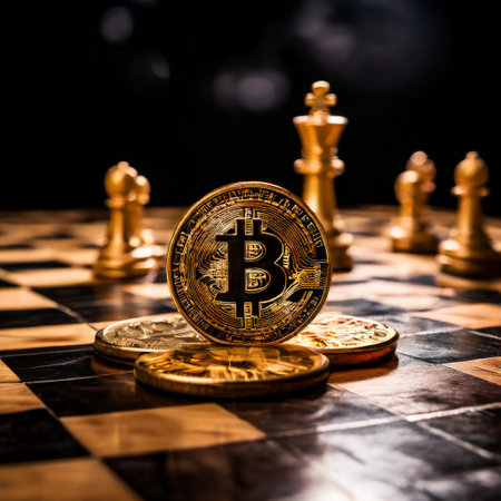 Bitcoin on chessboard symbolizing strategic cryptocurrency decisionsの素材