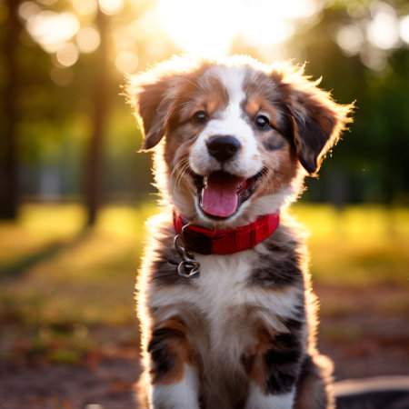 Playful puppy sitting in sunlight in a parkの素材