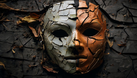 Cracked and weathered half mask on the groundの素材