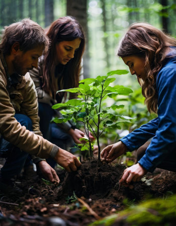 Group planting a tree sapling in a forest, teamwork and environmental careの素材