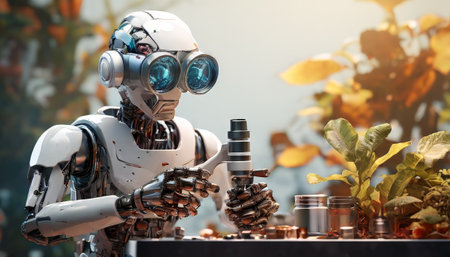 Robot conducting scientific research with a microscopeの素材