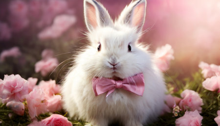 White rabbit with pink bowtie surrounded by flowers in soft lightの素材