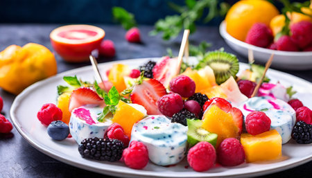 Colorful fruit salad with yogurt and fresh berriesの素材