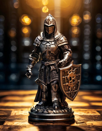 Bitcoin-themed knight in armor, symbol of protection and securityの素材