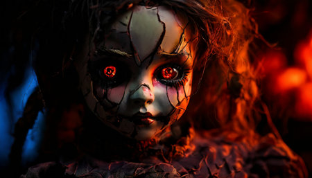 Creepy cracked porcelain doll with glowing red eyesの素材