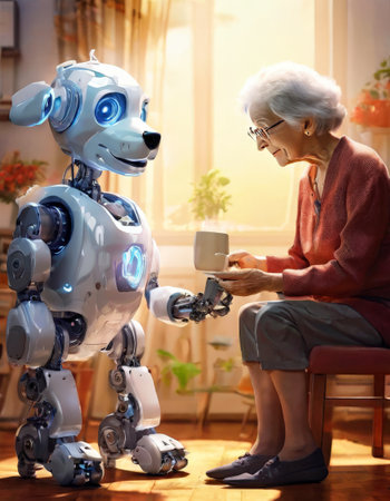 Elderly woman interacting with a robotic dog in a cozy homeの素材