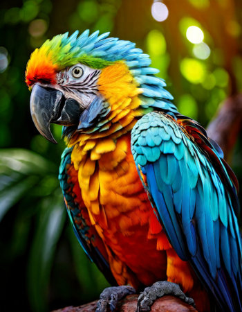 Colorful parrot perched in vibrant rainforest settingの素材