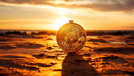 Bitcoin on the sand with a radiant sunset in the backgroundの素材