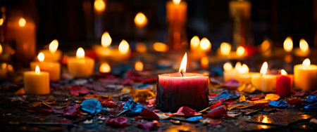 Glowing candle surrounded by scattered petalsの素材