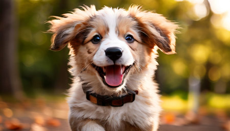 Happy puppy running in the park during golden hourの素材