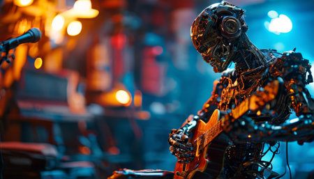 Futuristic robot playing guitar in a neon-lit workshopの素材