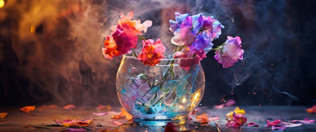 Vibrant flowers in glass vase with ethereal mistの素材