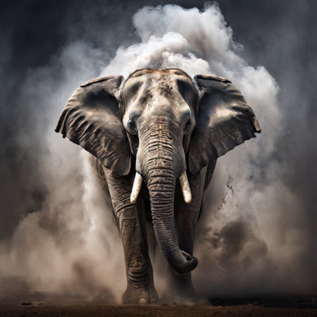Majestic elephant emerging from a cloud of dustの素材