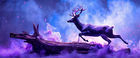 Majestic deer leaping through a mystical purple forestの素材