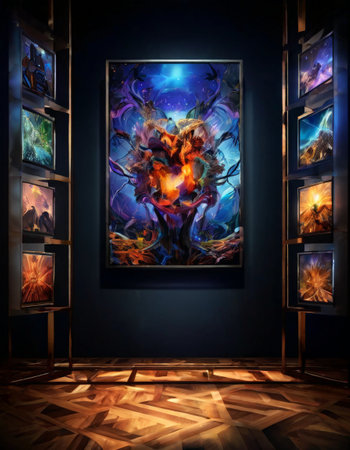 Artistic digital gallery with abstract paintings on displayの素材