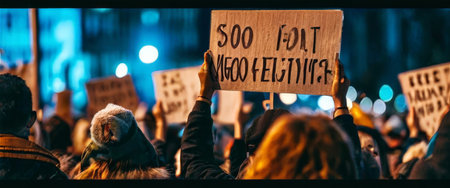 Protesters holding signs during a night demonstrationの素材