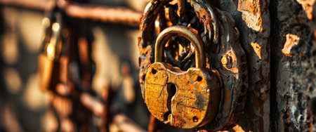 Rusty padlock on a weathered gate under golden lightの素材