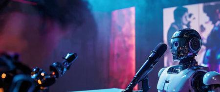 Robot in a futuristic studio setting delivering a speechの素材