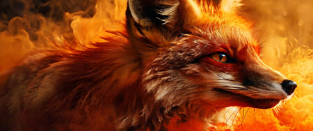 Fiery fox in a glowing orange hazeの素材