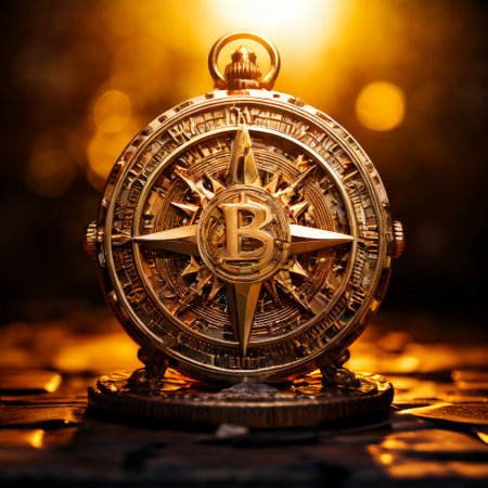 Compass with Bitcoin symbol highlighting financial directionの素材