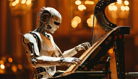 Robot playing a grand piano in an opulent settingの素材